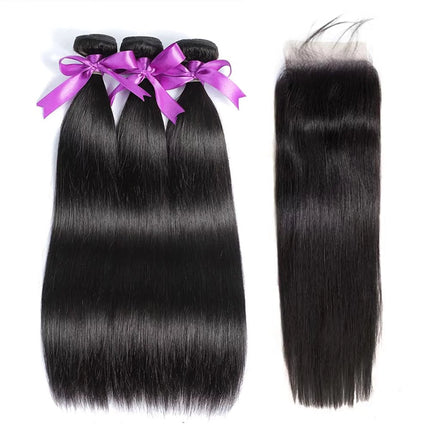 Bundles with Closure Straight Human Hair Brazilians 3 Bundles with 4X4 Lace Closure Natural Black Color 18 20 22+16