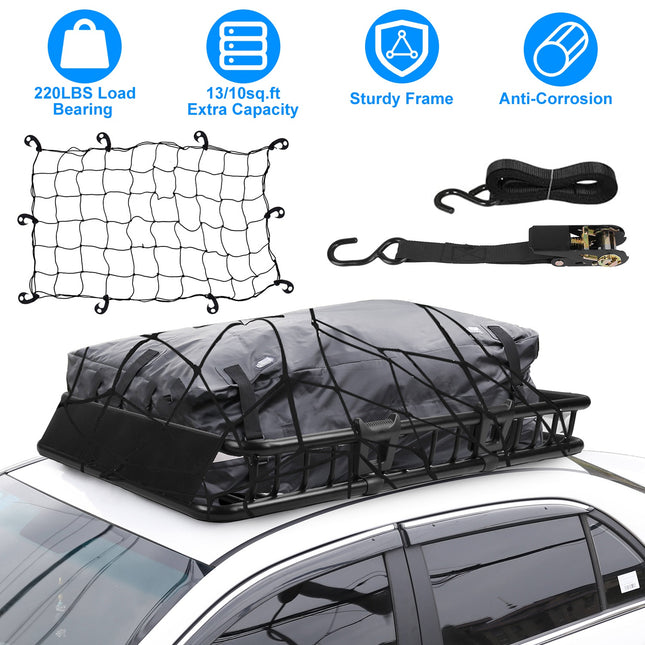 1Pc 63x39x6.3in Universal Roof Rack Cargo Carrier Car Top Luggage Holder Basket With Hook Strap Elastic Net
