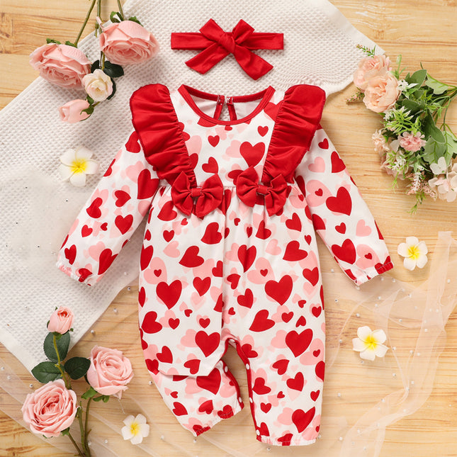 Baby Valentine's Day Romper, Heart Print Long Sleeve Bodysuit With Bow And Ruffle Trim