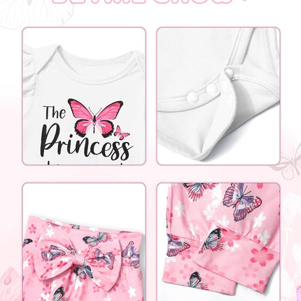 Baby Girl Clothes, Newborn Girl Letter Print Romper Tops +Cute Pants +Hat +Headband 4PCS Spring Summer Outfits Set