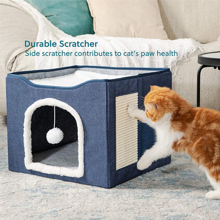 Cat Beds for Indoor Cats -Large Cat Cave for Pet Cat House with Fluffy Ball Hanging and Scratch Pad, Foldable Cat Hidewawy, Blue