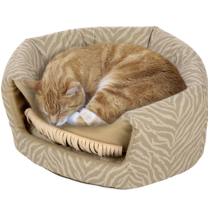 Fringed Honeycomb One Size Convertible Cat Bed to Cat Cave, Tonal Tiger Tan