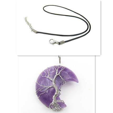 Cross-Border New Handmade Necklace Jewelry Moon Natural Crystal Stone Tree Of Life Jewelry Pendant Necklace Accessories