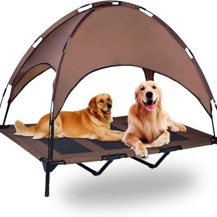 Elevated Pet Cot with Canopy, Portable Raised Pet Cot for Camping or Beach, Removable Canopy, Durable 1680D Oxford Fabric Raised Mesh Cot, Breathable Cooling Outdoor Dog Bed (Large, Brown)