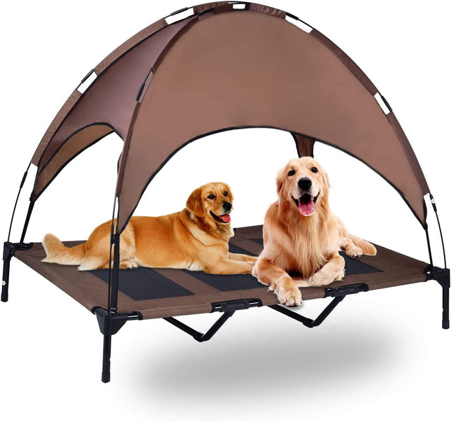 Elevated Pet Cot with Canopy, Portable Raised Pet Cot for Camping or Beach, Removable Canopy, Durable 1680D Oxford Fabric Raised Mesh Cot, Breathable Cooling Outdoor Dog Bed (Large, Brown)