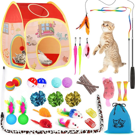 34Pcs Cat Toys Kitten Toys, Interactive Kitty Toys with Collapsible Cat Tunnels Tent, Cat Wand Catnip Feather Teaser