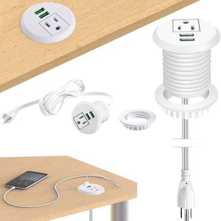 Desktop Power Grommet,Desk Grommet Outlet 2 Inch Hole,Power Grommet with USB, Easy Access to 1 Power Source along with 2 USB Power Port Connections(White)