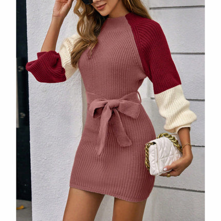 Women's Color Block Sweater Midi Dress - Fall Long Sleeve Bodycon Dress With Tie Waist