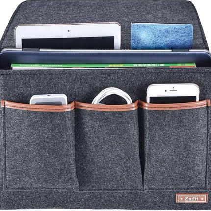 Bedside Caddy, 8 Pockets Large Size Bedside Storage Organizer Bedside Organizer Caddy for Magazine Remotes Phone (13.4'' X 18.1'' Large Size, Dark Grey)