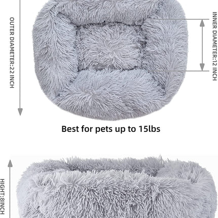 Cat Bed for Indoor Cats,Dog Beds for Small Dogs,  Small Dog Bed, Soft Long Plush Cushion Washable Pet Bed ,Self-Warming Square Cat Bed Anti-Slip Bottom Cushion (22 X 18 X 8 Inch, Gray)