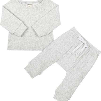 Newborn Baby Boy Girl Waffle Knitted Clothes Set Cotton Long Sleeve Pullover Pants Solid Color Fall Winter Outfits(Grey, 12-18M)