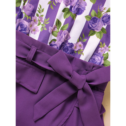 Toddler Girl Purple Rose Print Girls Outfit, Spring Fall Stripe Top With Belt Skirts Set Holiday Going Out Clothes