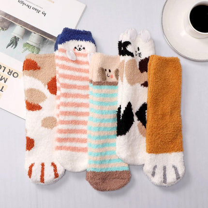 Fuzzy Slipper Socks for Women Fluffy Warm Non Slip Cozy Socks with Grips Winter Girls Soft Socks Animal Design 5 Pairs