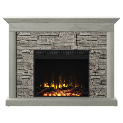 Electric Fireplace Mantel Package in Weathered Gray - Rustic Stacked Stone Surround - Heat 400 SQ FT