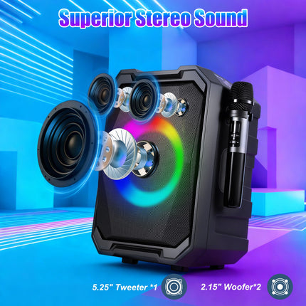 1Pc Portable Wireless Party Speaker With LED Light 2 Wireless Mics Remote Control TWS Music Accompany Mic. Priority Bass Echo Mic Treble Guitar In