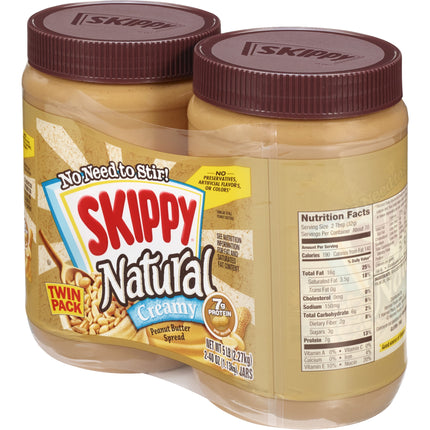 Natural Creamy Peanut Butter Spread, 7 G Protein per Serving, 40 Oz Plastic Jar Twin Pack