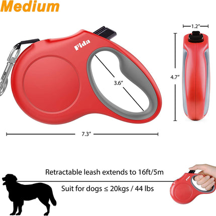 Retractable Dog Leash with Dispenser and Poop Bags, 16 Ft Pet Walking Leash for Medium Dog or Cat up to 44 Lbs, Anti-Slip Handle, Tangle Free, Reflective Nylon Tape (M, Red)