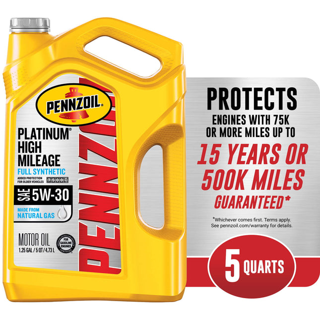 Pennzoil Platinum High Mileage Full Synthetic 5W-30 Motor Oil, 5 Quart