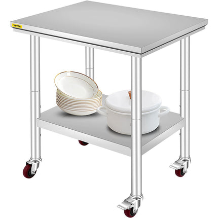 VEVOR Stainless Steel Work Table with Wheels 24 x 30 Prep Table with casters Heavy Duty Work Table for Commercial Kitchen Restaurant Business (24 x 30 x 33.8 Inch)