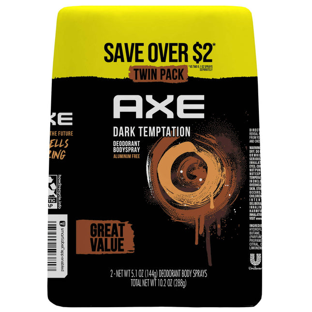 Axe Body Spray for Men Deodorant Dark Temptation, 5.1 oz Twin Pack