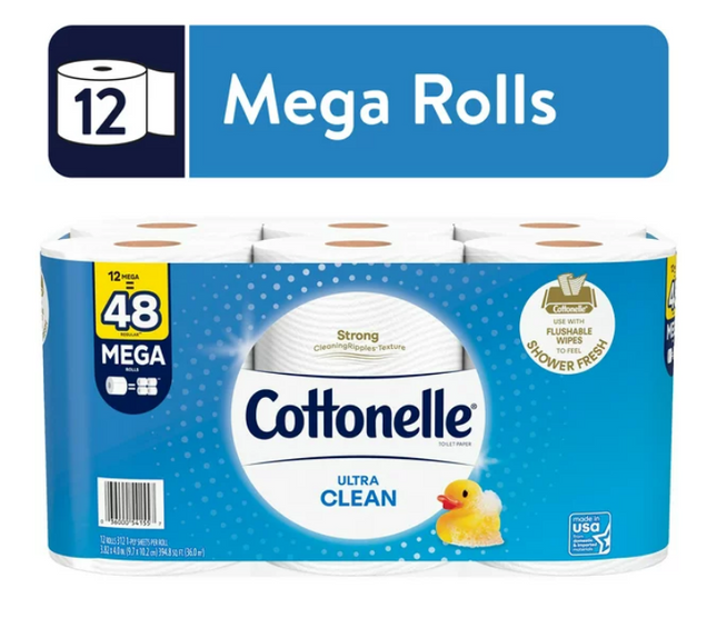 Cottonelle Ultra Clean Toilet Paper, 12 Mega Rolls