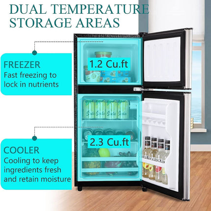 KRIB BLING 3.5Cu.Ft Compact Refrigerator Mini Fridge with Freezer, Small Refrigerator with 2 Door, 7 Level Thermostat Removable Shelves for Kitchen, Dorm, Apartment, Bar, Office, Silver/Black/Blue