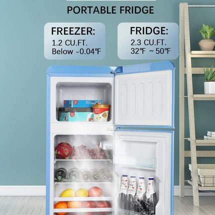 KRIB BLING 3.5Cu.Ft Compact Refrigerator Mini Fridge with Freezer, Small Refrigerator with 2 Door, 7 Level Thermostat Removable Shelves for Kitchen, Dorm, Apartment, Bar, Office, Silver/Black/Blue