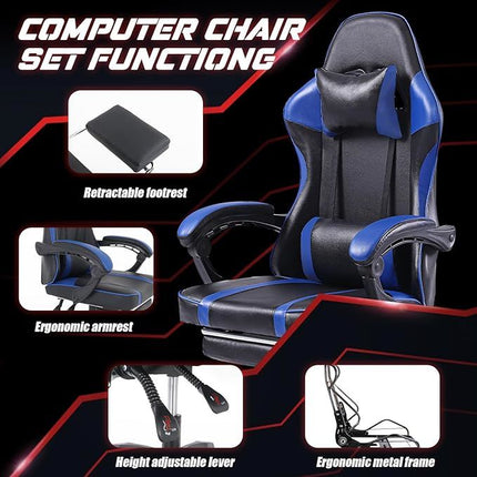 Video Game Chairs for Adults, PU Leather Gaming Chair with Footrest, 360°Swivel Adjustable Lumbar Pillow Gamer Chair, Comfortable Computer Chair for Heavy People