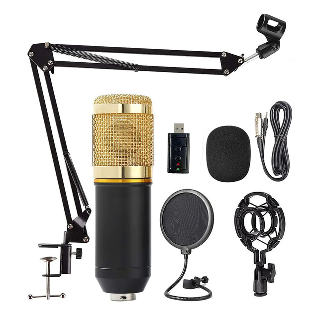 5 Core Studio Condenser Microphone Bundle Professional Adjustable Boom Arm Stand Shock Mount Pop Filter External USB Sound Card Foam Cover for Recording and Broadcasting (Gold)- REC Set