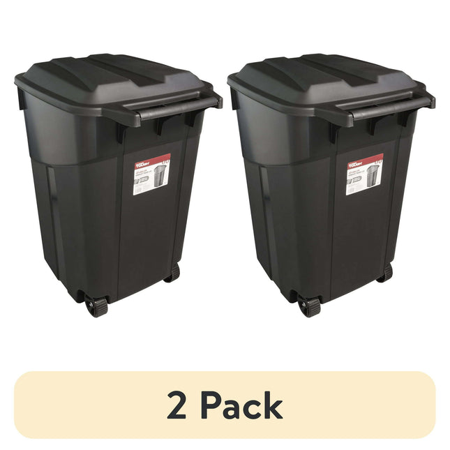 (2 pack) Hyper Tough 45 Gallon Wheeled Heavy Duty Plastic Garbage Can, Attached Lid, Black