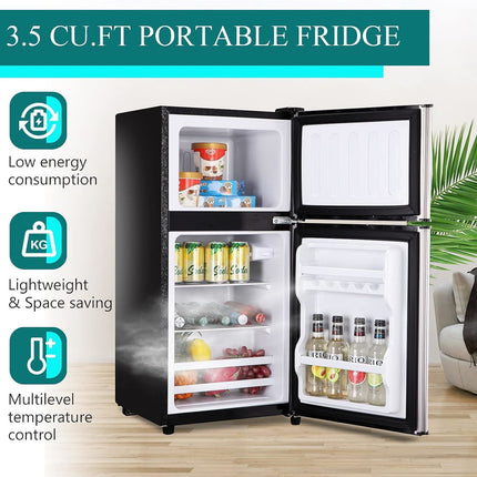 KRIB BLING 3.5Cu.Ft Compact Refrigerator Mini Fridge with Freezer, Small Refrigerator with 2 Door, 7 Level Thermostat Removable Shelves for Kitchen, Dorm, Apartment, Bar, Office, Silver/Black/Blue