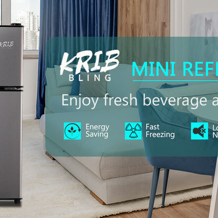 KRIB BLING 3.5Cu.Ft Compact Refrigerator Mini Fridge with Freezer, Small Refrigerator with 2 Door, 7 Level Thermostat Removable Shelves for Kitchen, Dorm, Apartment, Bar, Office, Silver/Black/Blue