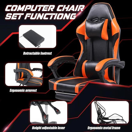 Video Game Chairs for Adults, PU Leather Gaming Chair with Footrest, 360°Swivel Adjustable Lumbar Pillow Gamer Chair, Comfortable Computer Chair for Heavy People