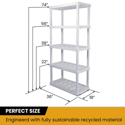 Hyper Tough 74" H x 18" D x 36" W 5 Shelf Plastic Garage Shelves, Storage Shelving, White 750 lbs Capacity