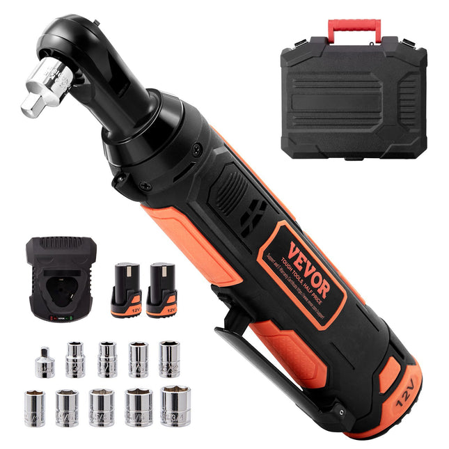 VEVOR 3/8" Cordless Electric Ratchet Wrench Set, 12V 33 Ft-lbs Power Ratchet Tool Kit, 45-Min Fast Charge, 2-Pack 2.0Ah Battery, Built-in LED Light, Variable Speed Trigger, 10 Sockets