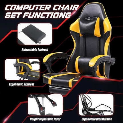 Video Game Chairs for Adults, PU Leather Gaming Chair with Footrest, 360°Swivel Adjustable Lumbar Pillow Gamer Chair, Comfortable Computer Chair for Heavy People