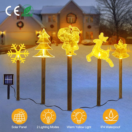 5Pcs Mixed Christmas Decoration Light Solar Stake Light Waterproof Reindeer Snowflake Bell Christmas Tree Santa Claus Light Outdoor Landscape Light