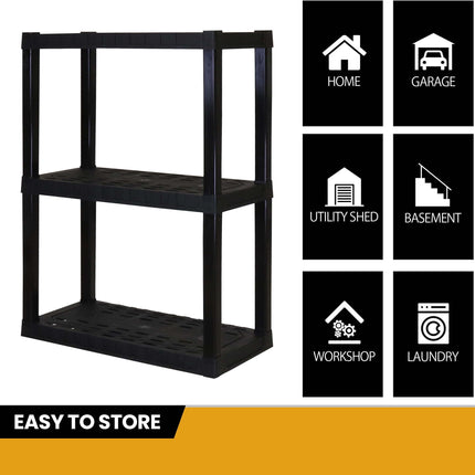 Hyper Tough 3-Tier Plastic Shelves, W30 x D14 x H39" Multipurpose Garage Shelf Organizer, Black