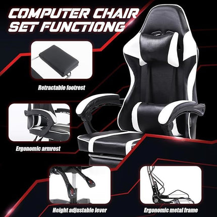 Video Game Chairs for Adults, PU Leather Gaming Chair with Footrest, 360°Swivel Adjustable Lumbar Pillow Gamer Chair, Comfortable Computer Chair for Heavy People