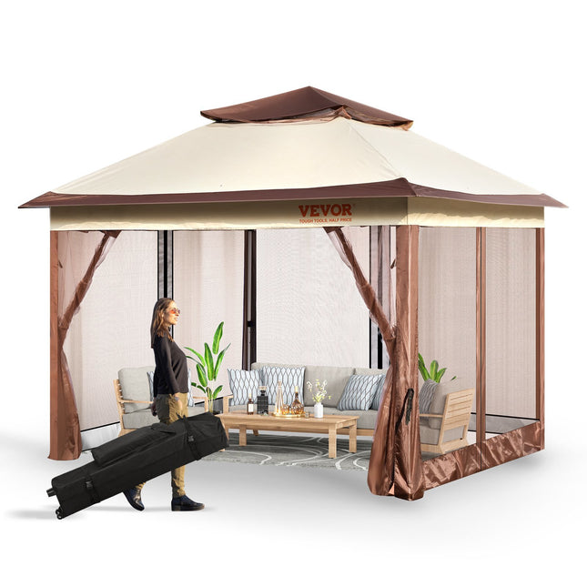 VEVOR Patio Gazebo, 11 x 11 FT Pop up Gazebo for 8-10 Person, with Mosquito Netting, Metal Frame, and PU Coated 250D Oxford Cloth, Outdoor Canopy Shelter for Patio, Backyard, Lawn, Garden, Deck