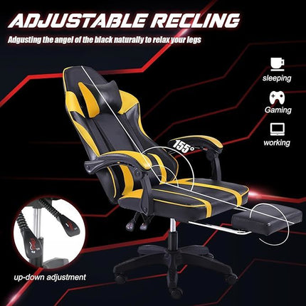 Video Game Chairs for Adults, PU Leather Gaming Chair with Footrest, 360°Swivel Adjustable Lumbar Pillow Gamer Chair, Comfortable Computer Chair for Heavy People