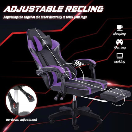 Video Game Chairs for Adults, PU Leather Gaming Chair with Footrest, 360°Swivel Adjustable Lumbar Pillow Gamer Chair, Comfortable Computer Chair for Heavy People