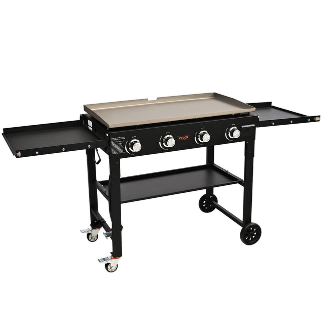 VEVOR Commercial Griddle on Cart, 36" Heavy Duty Manual Flat Top Griddle, Outdoor Cooking Station with Side Shelves, Steel LPG Gas Griddle, 4-Burners Restaurant Portable Grill - 60,000 BTU