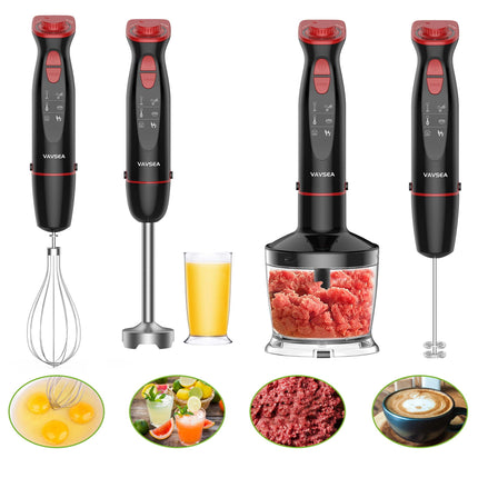 Vavsea Immersion Hand Blender, 12-Speed Multi-Function Handheld Stick Blender with Stainless Steel Blades, Chopper, Beaker, 600, Whisk and Milk Frother for Baby Food/Smoothies/Puree, BPA Free