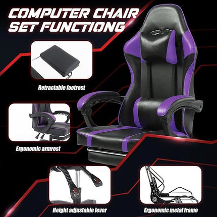 Video Game Chairs for Adults, PU Leather Gaming Chair with Footrest, 360°Swivel Adjustable Lumbar Pillow Gamer Chair, Comfortable Computer Chair for Heavy People