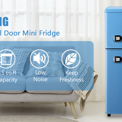 KRIB BLING 3.5Cu.Ft Compact Refrigerator Mini Fridge with Freezer, Small Refrigerator with 2 Door, 7 Level Thermostat Removable Shelves for Kitchen, Dorm, Apartment, Bar, Office, Silver/Black/Blue