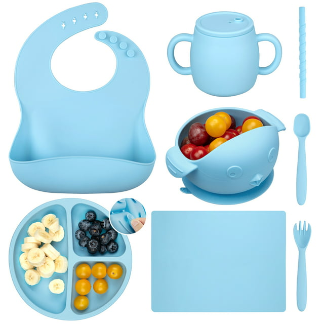 Sangdo Silicone Baby Feeding Set 7-Piece Baby Led Weaning Utensils Set Includes Suction Bowl and Plate, Baby Spoon and Fork, Bib, Sippy Cup with Straw, Blue