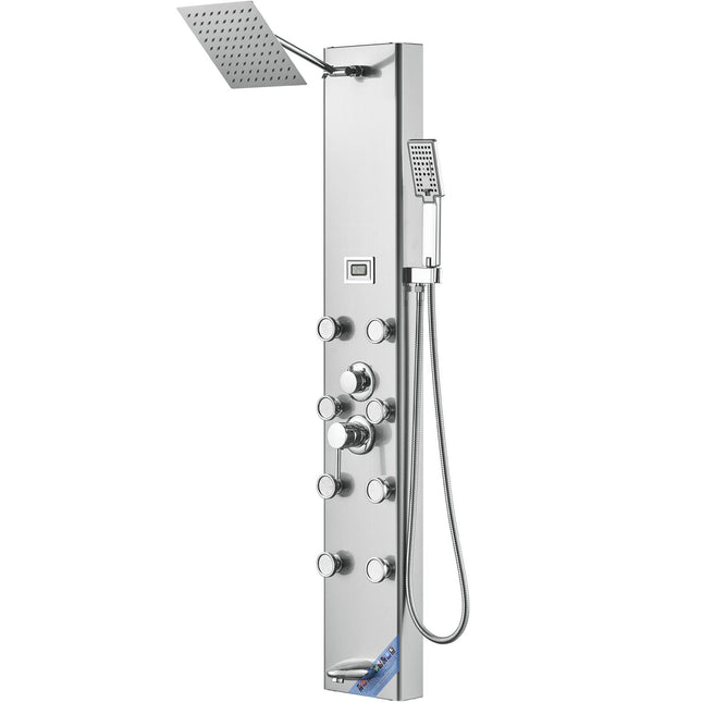 VEVOR Shower Panel System, 5 Shower Modes, Digital Display Shower Panel Tower, Rainfall, 8 Massage Jets, Tub Spout, 3-Setting Handheld Shower Head 59" Hose, Stainless Steel Wall-Mounted Shower Set