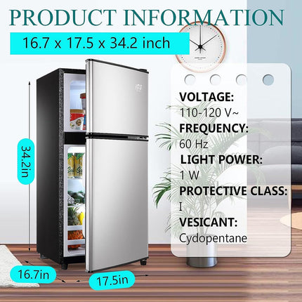 KRIB BLING 3.5Cu.Ft Compact Refrigerator Mini Fridge with Freezer, Small Refrigerator with 2 Door, 7 Level Thermostat Removable Shelves for Kitchen, Dorm, Apartment, Bar, Office, Silver/Black/Blue