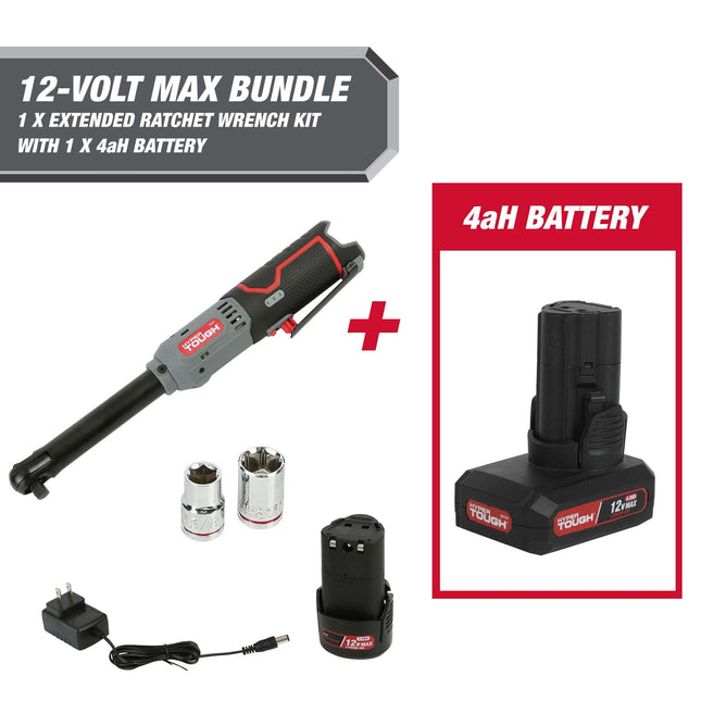 Hyper Tough 12-Volt Cordless Extended Ratchet Wrench Plus 4 Ah Battery